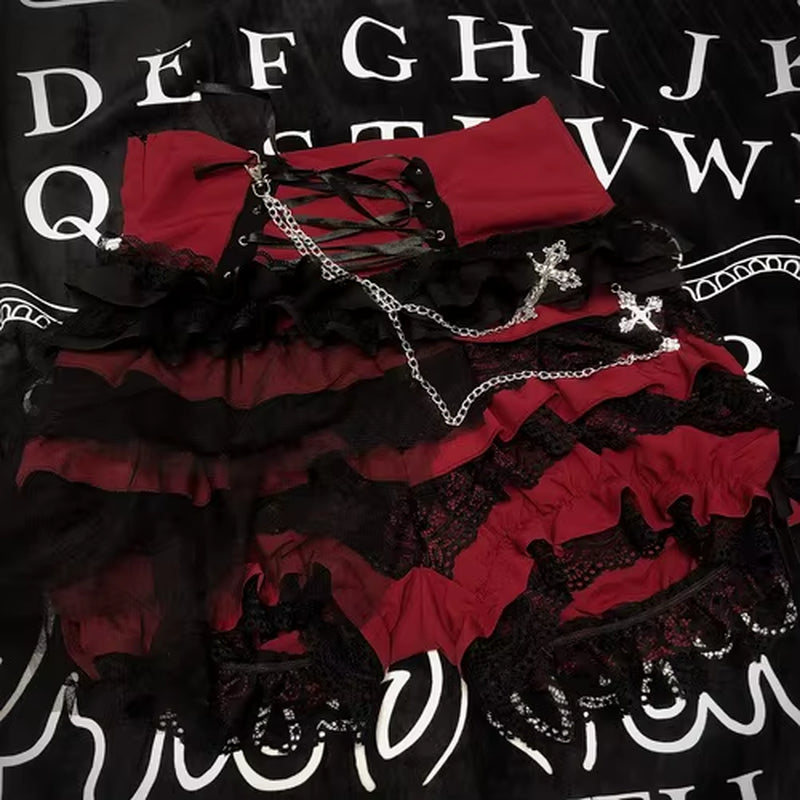 Original Design Lolita Rock Punk Multi-Layer Lace Pant Skirt Dark Ribbon Summer Winter Japanese Gothic Black Mesh Mini Skirt