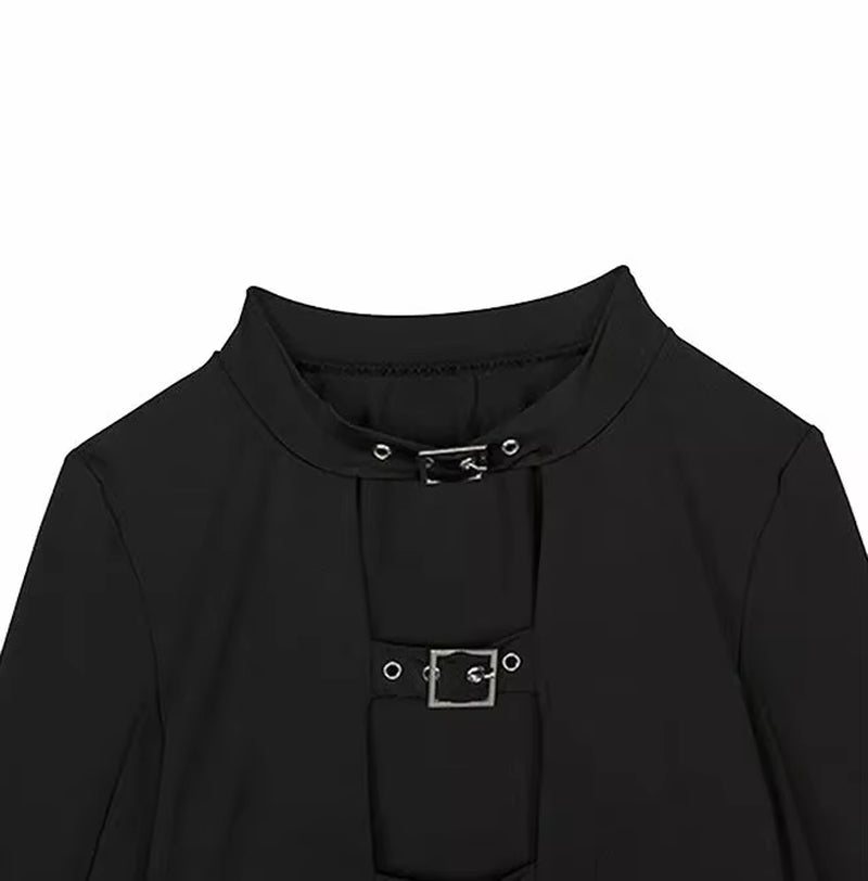 Black Goth Dark Women'S Hollow Out Long Sleeve Front Buckle Punk Grunge Crop Top Pullover Clubwear