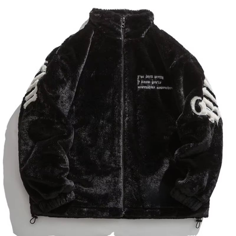 Men Padded Jacket Vintage Stand-Up Collar Embroidered Letter Patch Faux Fur Jackets Casual Oversize Thick Coat Unisex Streetwear