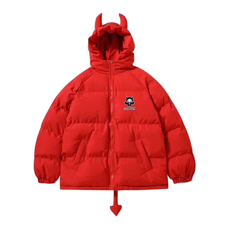 Winter Thicken Jacket Men Women Devil'S Horn+Tail Harajuku Y2K Wing Padded Puffer Jacket High Street Casual Vintage Loose Coat