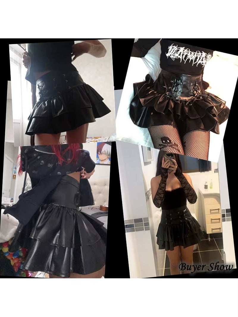 Mall Goth Punk PU Skirt Women Dark Gothic Vintage Bandage High Waist Lolita Skirt Harajuku Streetwear Emo Alt Clubwear