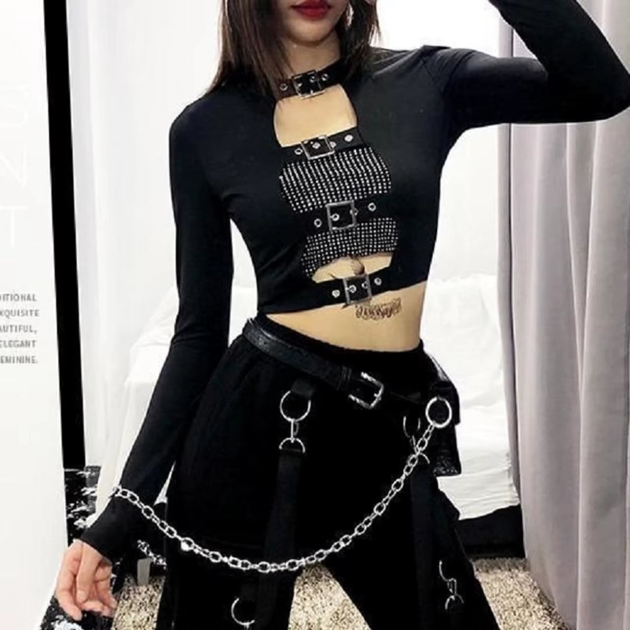 Black Goth Dark Women'S Hollow Out Long Sleeve Front Buckle Punk Grunge Crop Top Pullover Clubwear