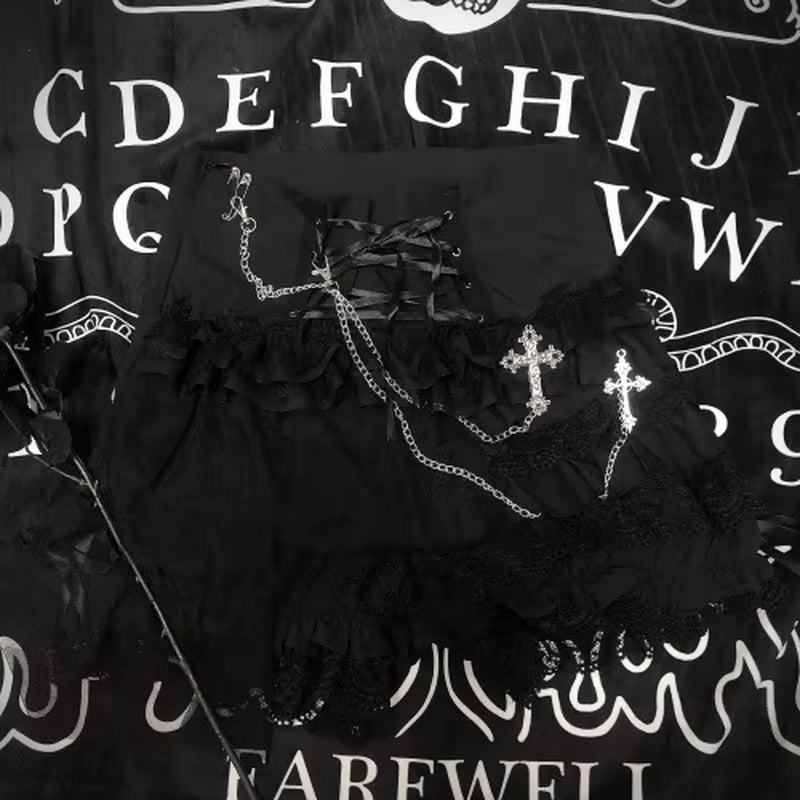 Original Design Lolita Rock Punk Multi-Layer Lace Pant Skirt Dark Ribbon Summer Winter Japanese Gothic Black Mesh Mini Skirt