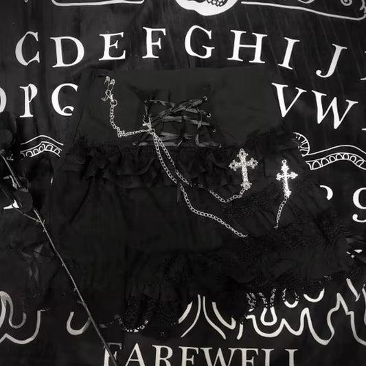 Original Design Lolita Rock Punk Multi-Layer Lace Pant Skirt Dark Ribbon Summer Winter Japanese Gothic Black Mesh Mini Skirt