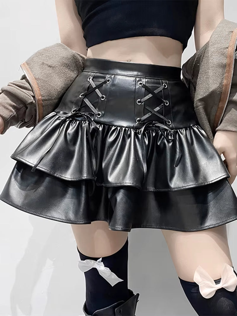 Mall Goth Punk PU Skirt Women Dark Gothic Vintage Bandage High Waist Lolita Skirt Harajuku Streetwear Emo Alt Clubwear