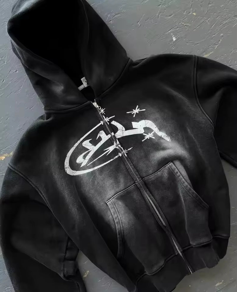 Harajuku Jackets Y2K Zipper Hoodie Mens Divin Vintage Washed Jacket Rock Hip Hop Embroidery Oversized Sweatshirt Jacket Coats