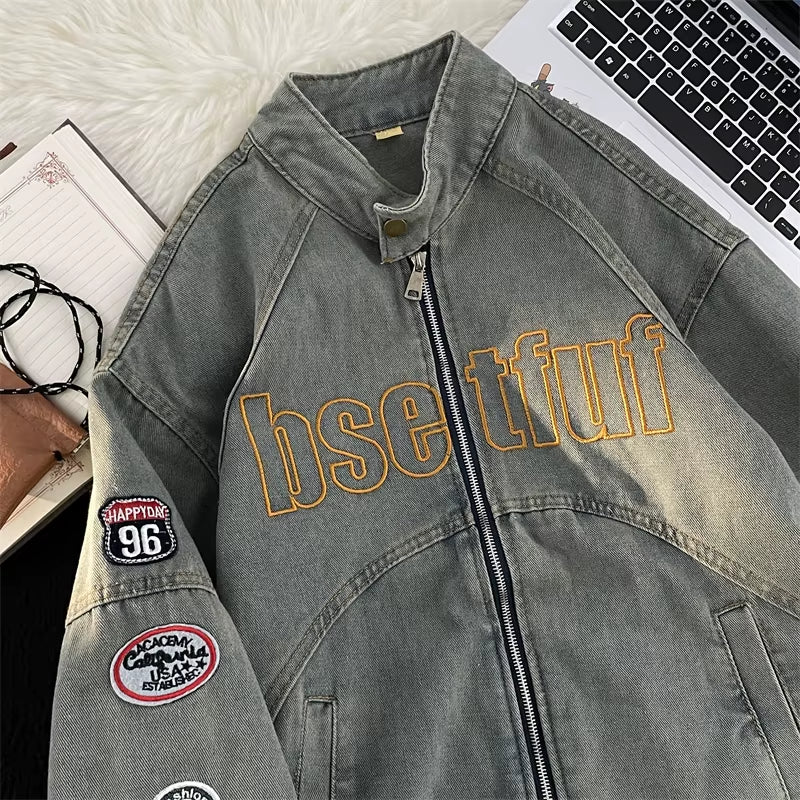 American High Street Bae Men'S Denim Jaet Vintage Zipper Collar Old Jeans Jaet Autumn Faion Brand Youth Loose Fit