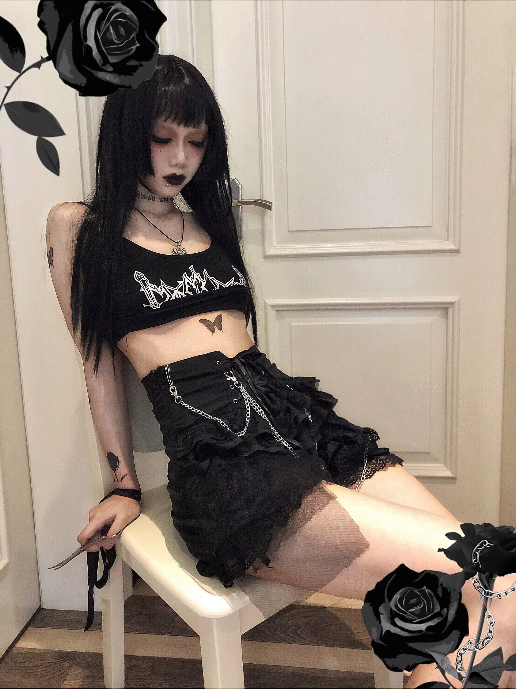 Original Design Lolita Rock Punk Multi-Layer Lace Pant Skirt Dark Ribbon Summer Winter Japanese Gothic Black Mesh Mini Skirt