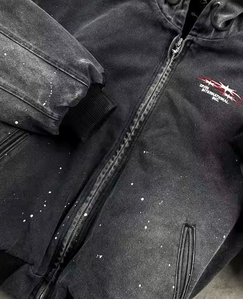 Harajuku Jackets Y2K Zipper Hoodie Mens Divin Vintage Washed Jacket Rock Hip Hop Embroidery Oversized Sweatshirt Jacket Coats