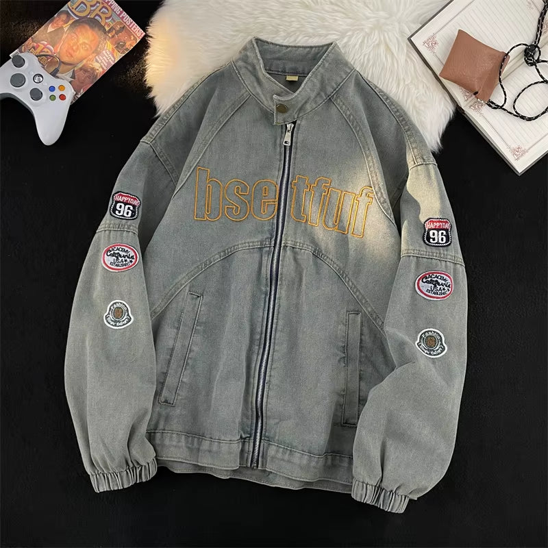 American High Street Bae Men'S Denim Jaet Vintage Zipper Collar Old Jeans Jaet Autumn Faion Brand Youth Loose Fit