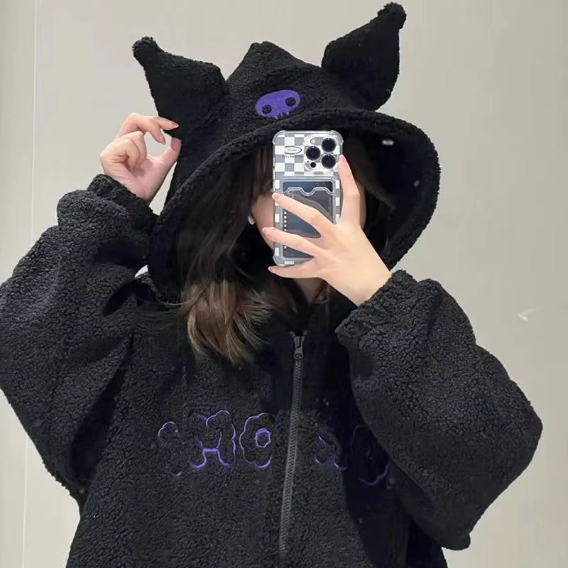 Sanrio Kuromi Hoodies Cartoon Black Embroidery Thin Coat Women Y2K Aesthetic Tops Autumn Female Fashion Loose Sweatshirt Clothes