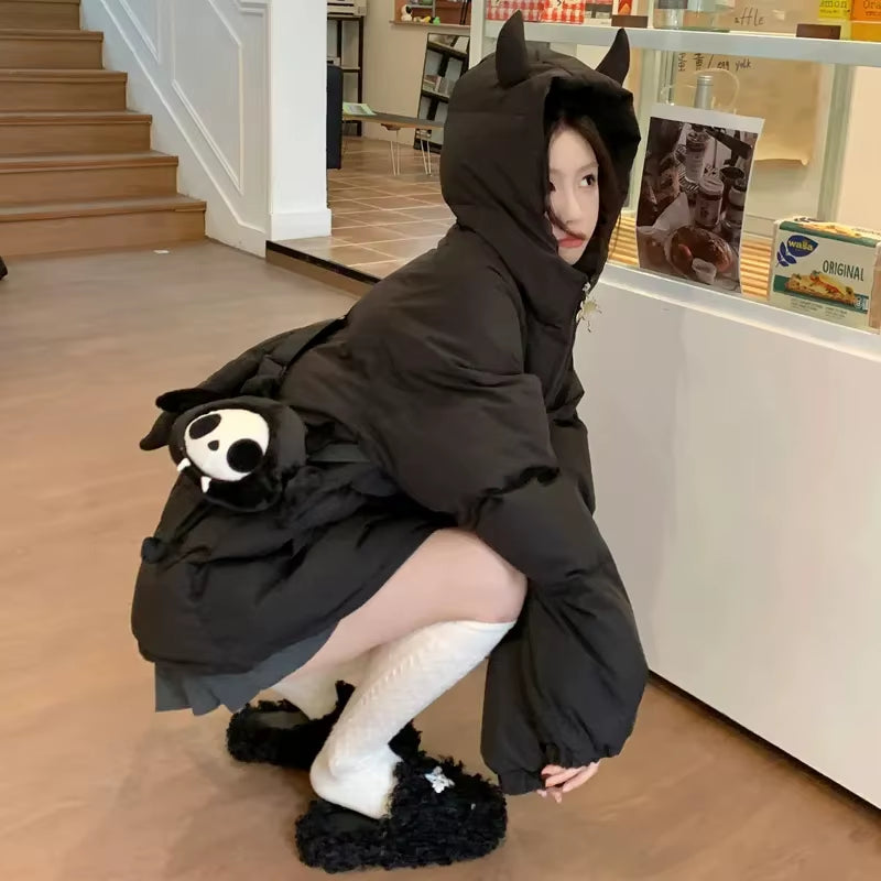 Winter Thicken Jacket Men Women Devil'S Horn+Tail Harajuku Y2K Wing Padded Puffer Jacket High Street Casual Vintage Loose Coat