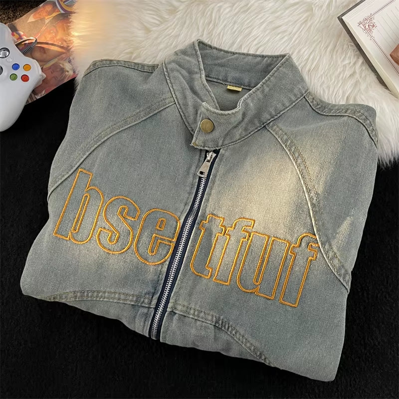 American High Street Bae Men'S Denim Jaet Vintage Zipper Collar Old Jeans Jaet Autumn Faion Brand Youth Loose Fit