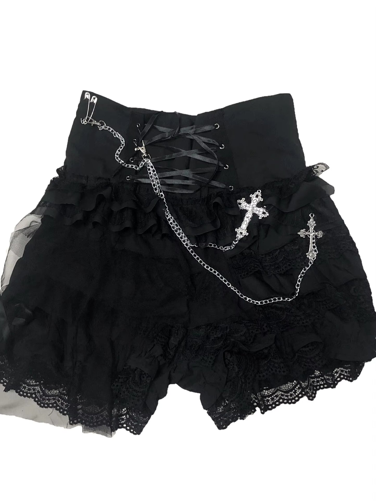 Original Design Lolita Rock Punk Multi-Layer Lace Pant Skirt Dark Ribbon Summer Winter Japanese Gothic Black Mesh Mini Skirt