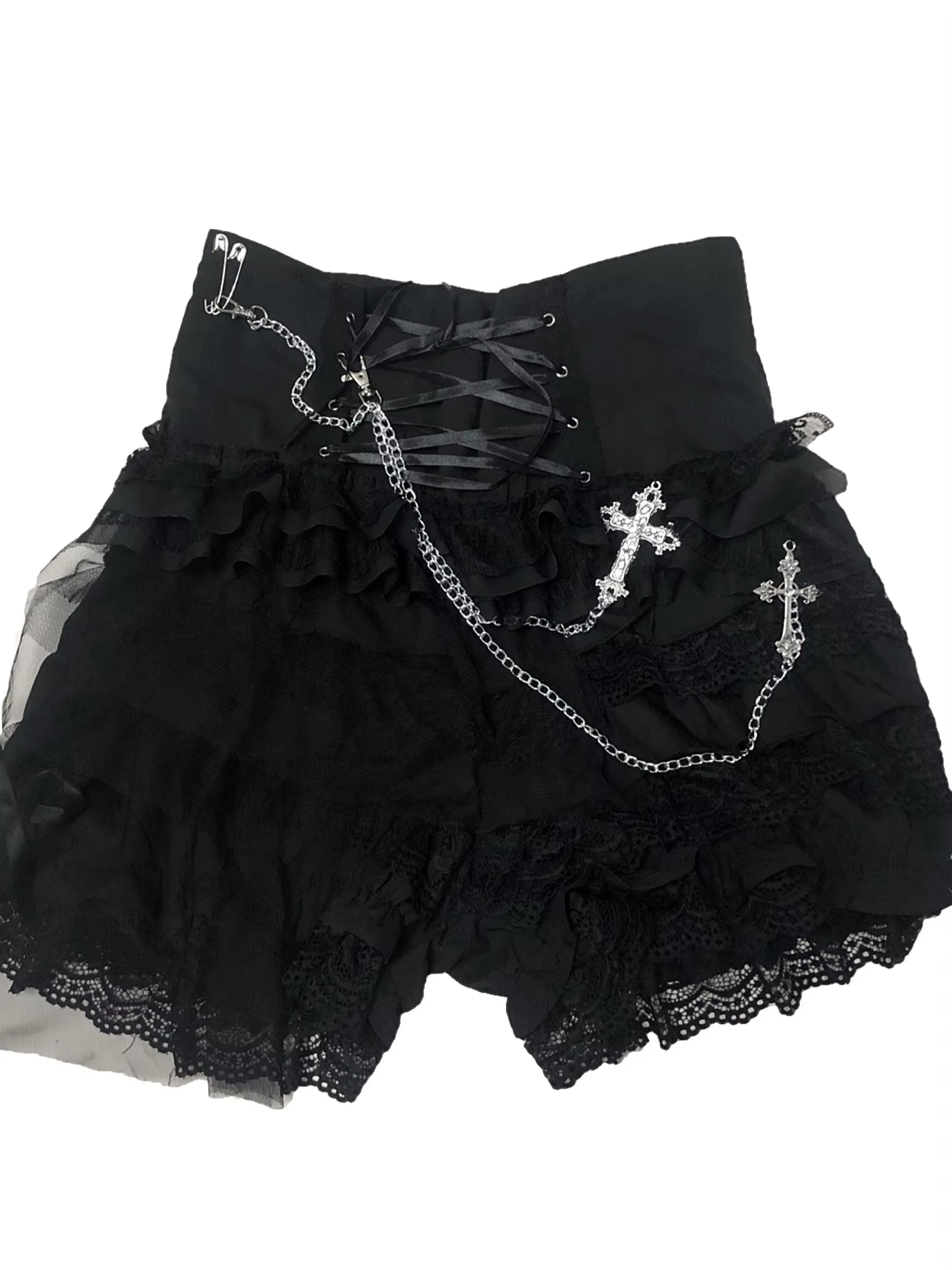 Original Design Lolita Rock Punk Multi-Layer Lace Pant Skirt Dark Ribbon Summer Winter Japanese Gothic Black Mesh Mini Skirt