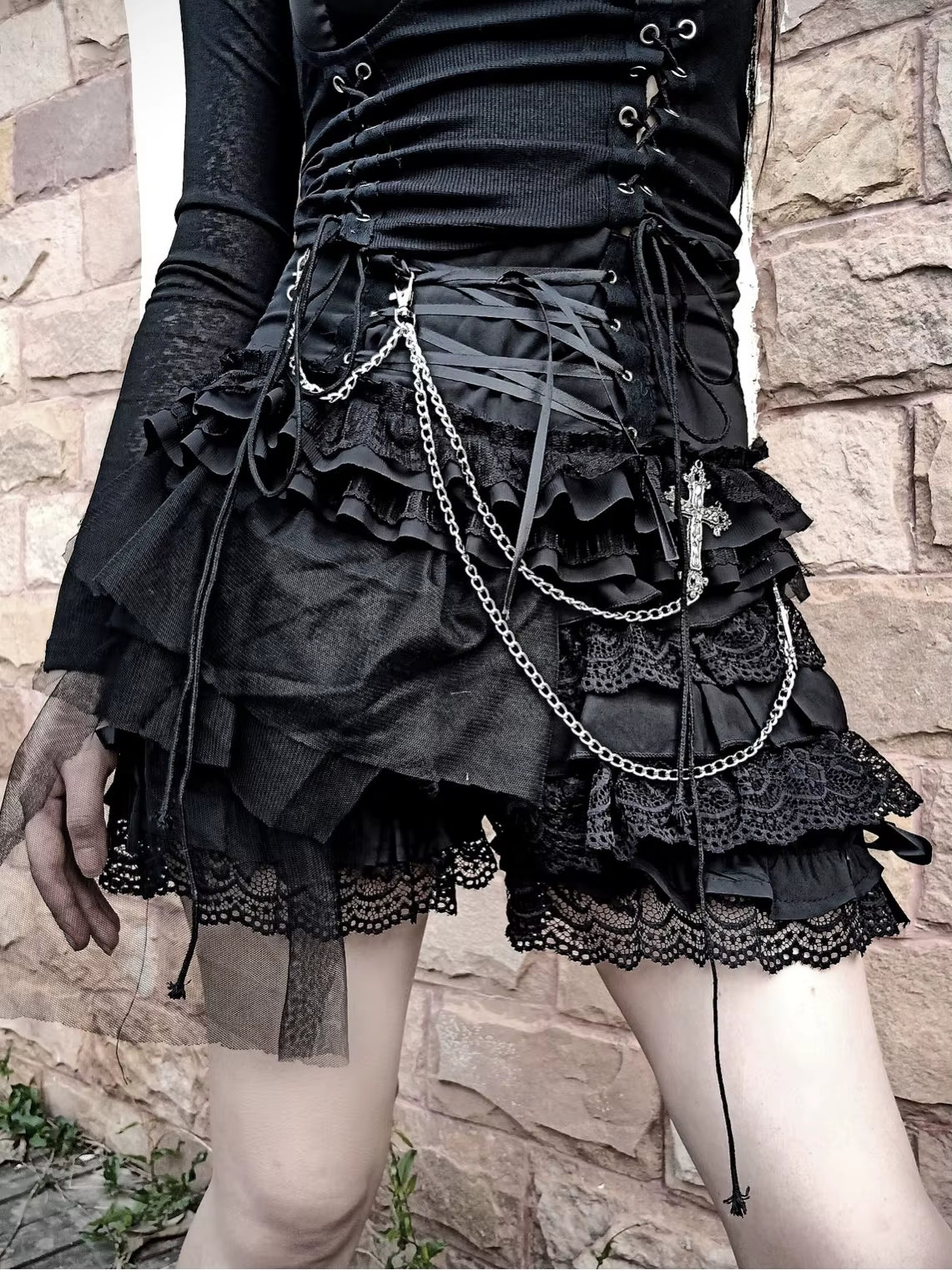 Original Design Lolita Rock Punk Multi-Layer Lace Pant Skirt Dark Ribbon Summer Winter Japanese Gothic Black Mesh Mini Skirt
