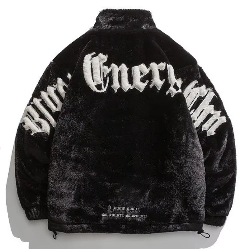 Men Padded Jacket Vintage Stand-Up Collar Embroidered Letter Patch Faux Fur Jackets Casual Oversize Thick Coat Unisex Streetwear