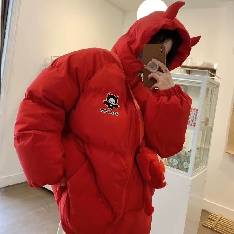 Winter Thicken Jacket Men Women Devil'S Horn+Tail Harajuku Y2K Wing Padded Puffer Jacket High Street Casual Vintage Loose Coat