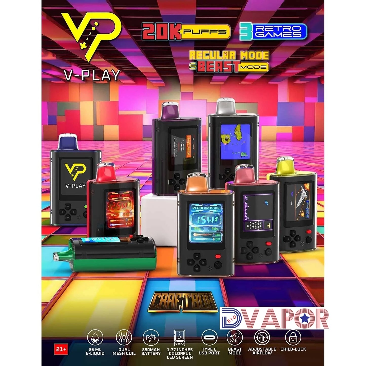 CLEARANCE (NON REFUNDABLE) Craftbox V-Play 20K Disposable Vape with Built in Gaming System 25Ml