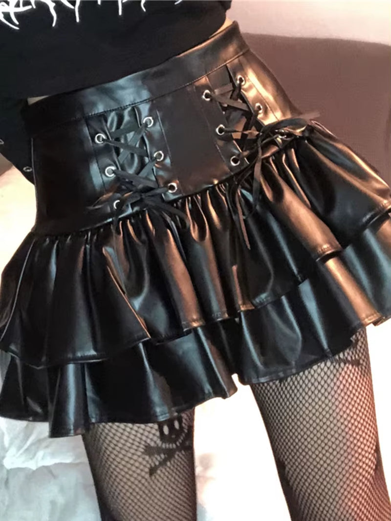 Mall Goth Punk PU Skirt Women Dark Gothic Vintage Bandage High Waist Lolita Skirt Harajuku Streetwear Emo Alt Clubwear