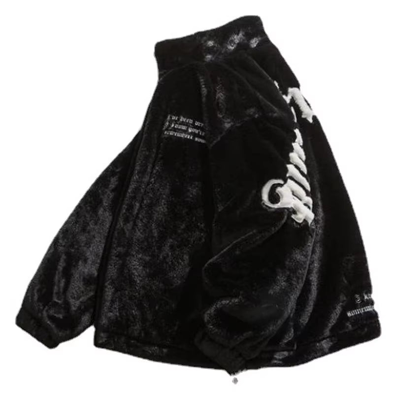 Men Padded Jacket Vintage Stand-Up Collar Embroidered Letter Patch Faux Fur Jackets Casual Oversize Thick Coat Unisex Streetwear