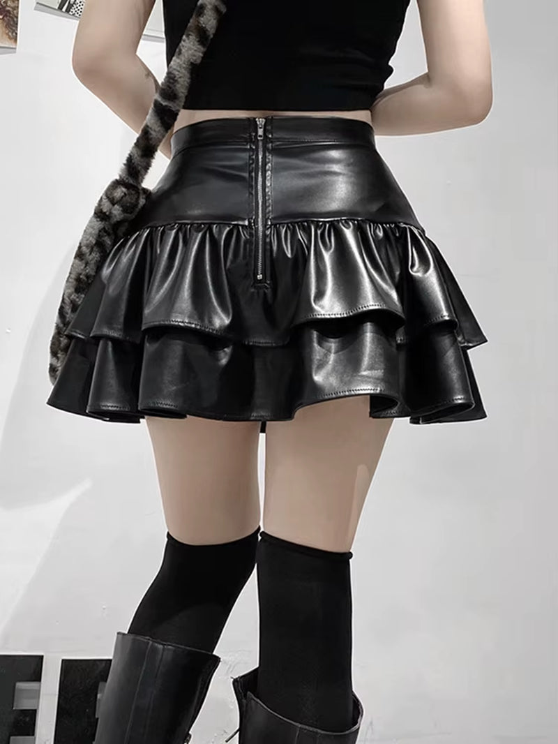 Mall Goth Punk PU Skirt Women Dark Gothic Vintage Bandage High Waist Lolita Skirt Harajuku Streetwear Emo Alt Clubwear