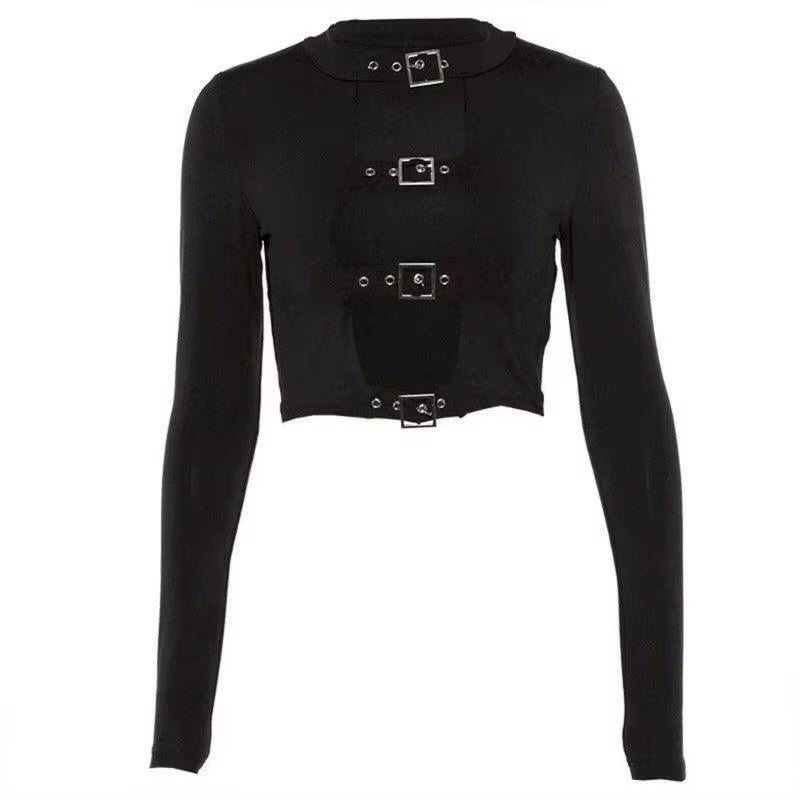 Black Goth Dark Women'S Hollow Out Long Sleeve Front Buckle Punk Grunge Crop Top Pullover Clubwear