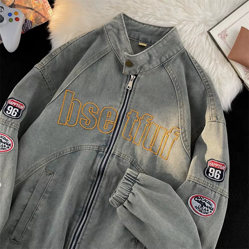 American High Street Bae Men'S Denim Jaet Vintage Zipper Collar Old Jeans Jaet Autumn Faion Brand Youth Loose Fit