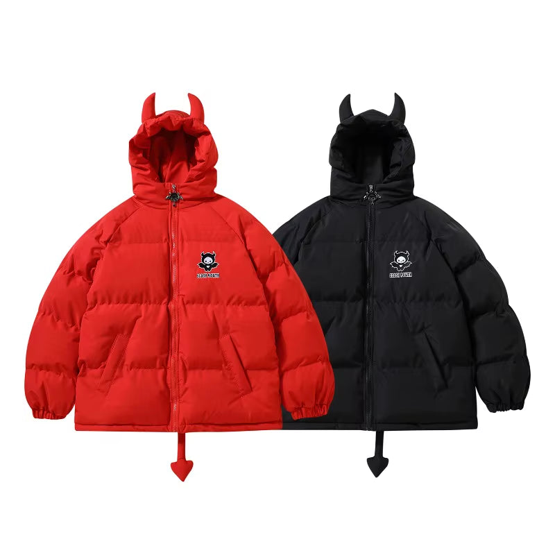 Winter Thicken Jacket Men Women Devil'S Horn+Tail Harajuku Y2K Wing Padded Puffer Jacket High Street Casual Vintage Loose Coat